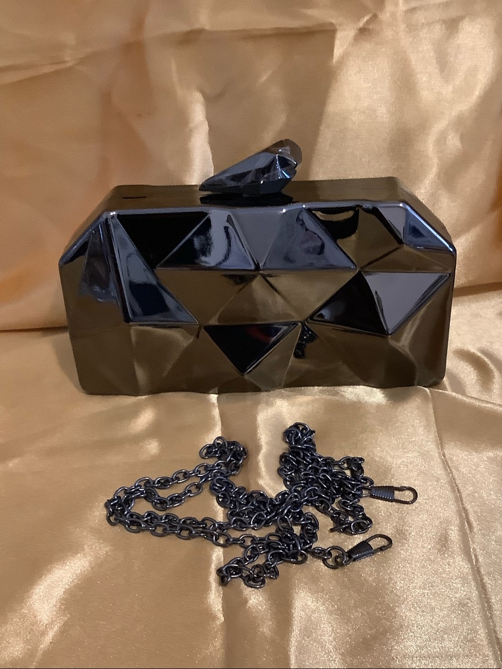 Faceted Black Acrylic Evening Clutch with Detachable Chain
